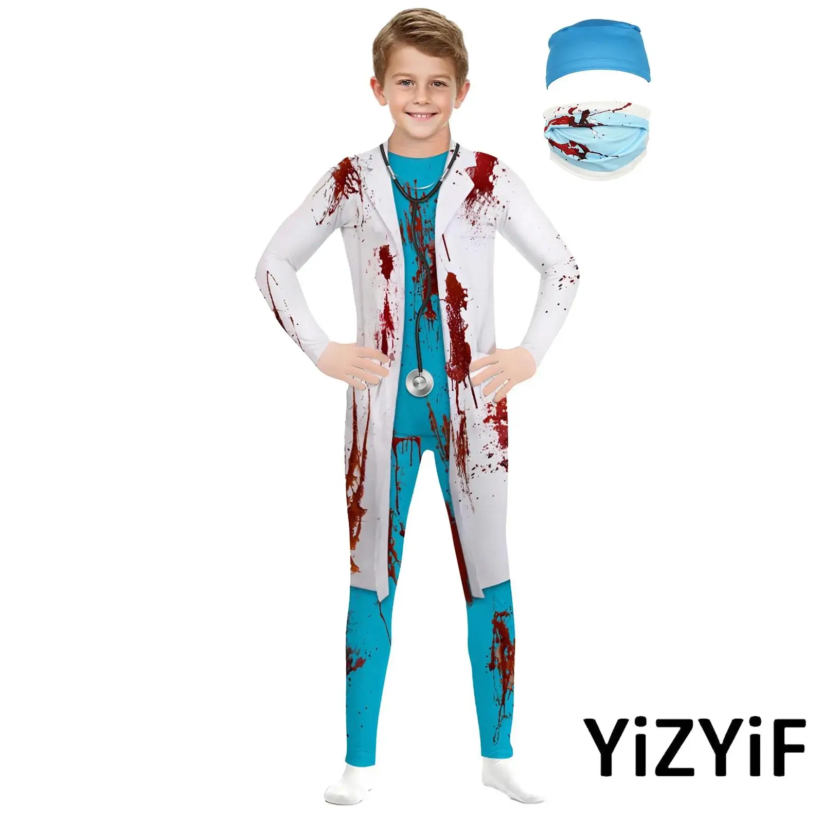 

Kids Unisex 3Pcs Zombie Surgeon Costume Bloody Surgeon Halloween Cosplay Round Neck Jumpsuit with Matched Mask And Surgical Cap