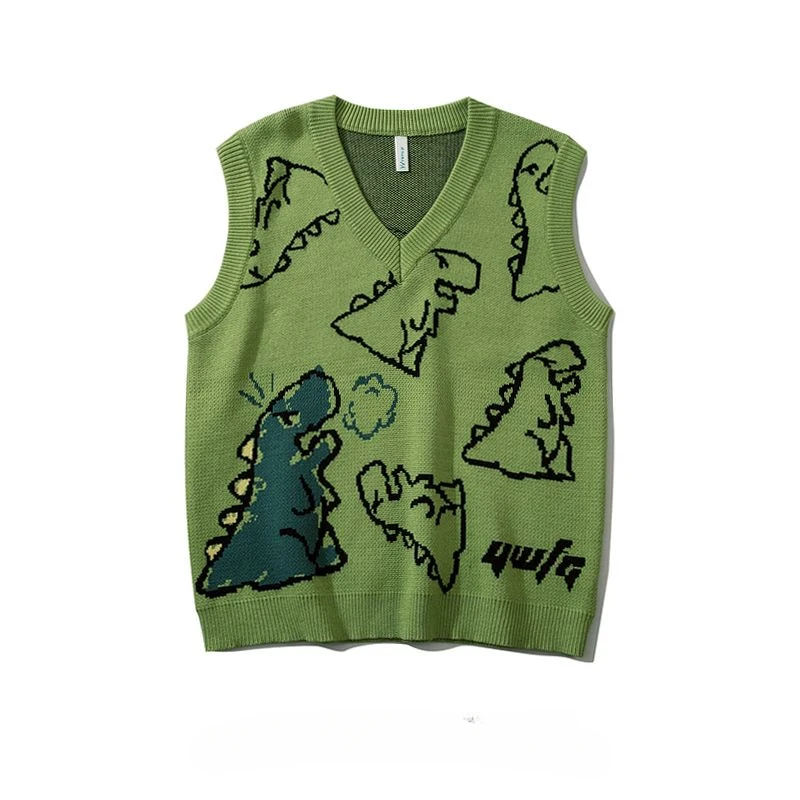 

Retro Cartoon Graphic DesignJacquard V-neck Knit Sweater Vest Men Loose Harajuku Casual Sweater Vest Pullover Top Streetwear