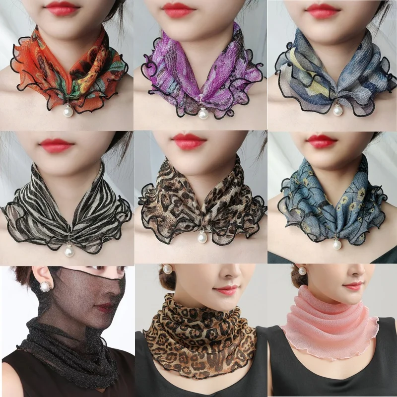 Korean Floral Chiffon Neck Guard False Collar Hedging Scarf Summer Women Ice Silk Protect Cervical Elastic Bib Headneck