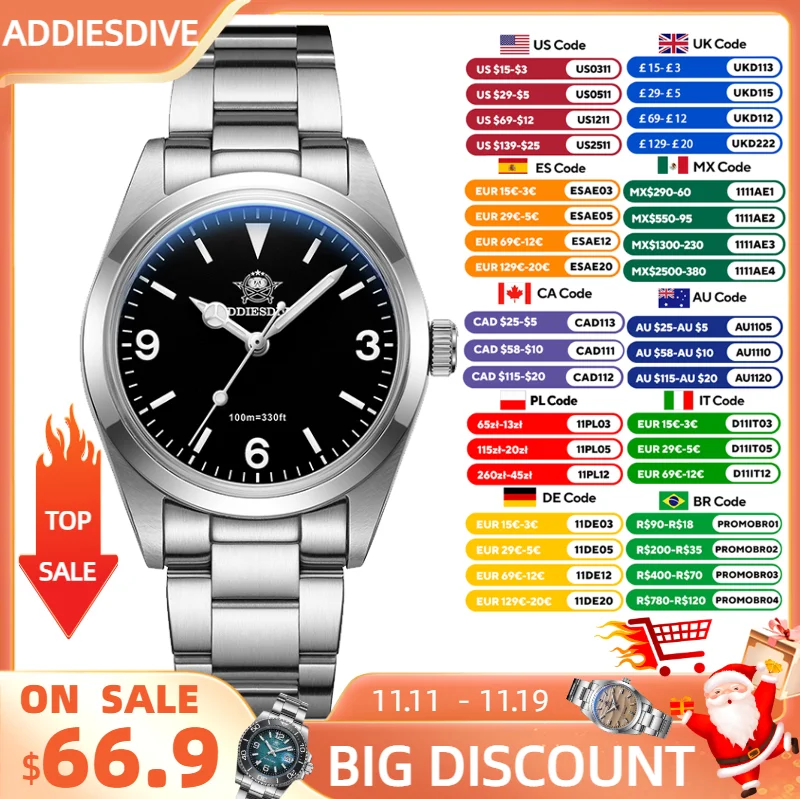 

ADDIESDIVE Watch for Men Sapphire Domed Glass VH31 Stainless Steel Luminous 36mm Diving Quartz Wristwatch 100m waterproof Watch