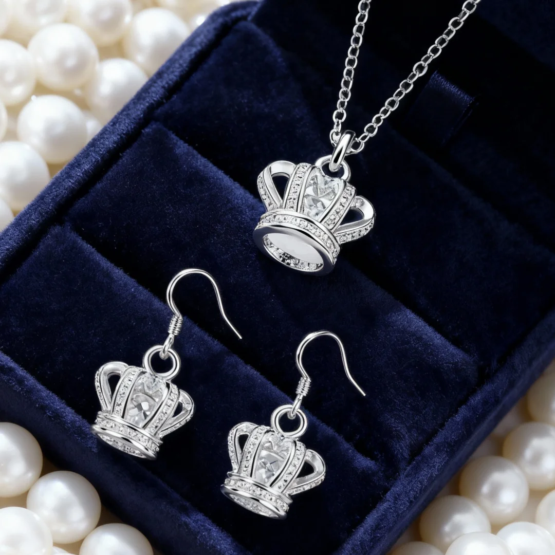 fine 925 Sterling Silver trend crystal crown pendant necklace earring Jewelry sets for Woman lady fashion Holiday gifts
