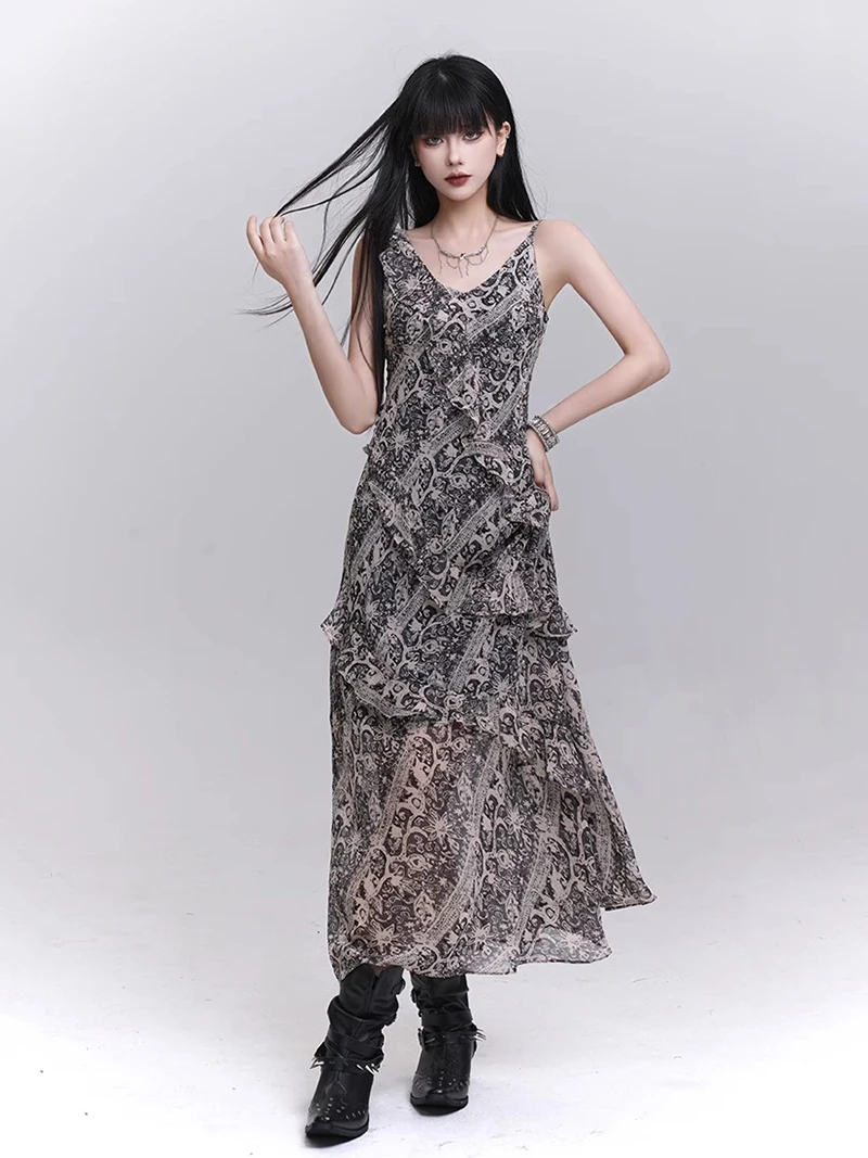 REDDACHiC Boho Tribal Print Abito a canotta da donna Vintage Profondo scollo a V Abito lungo drappeggiato con volant irregolare Abiti estivi per le vacanze