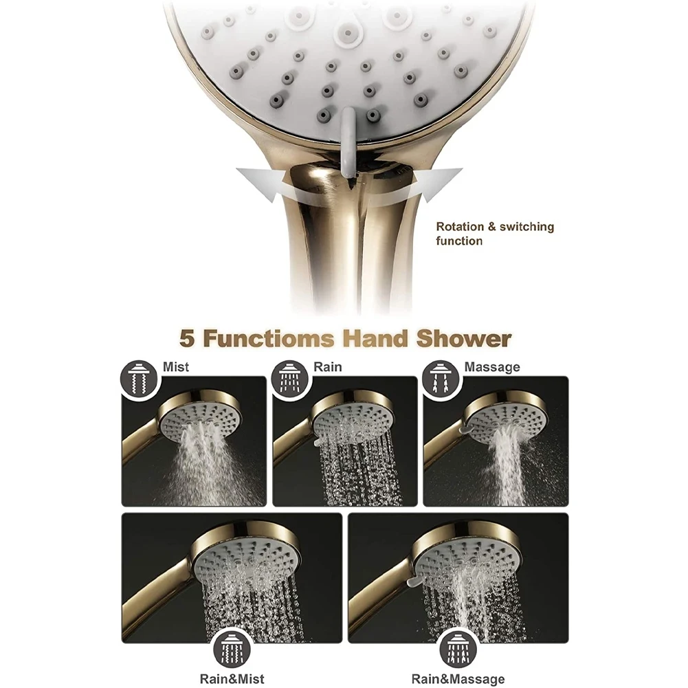 ABZL Brushed Gold Handheld High Pressure ABS Shower Head Water Saving Hand Shower Head 5 Function Rain Hand Held Shower