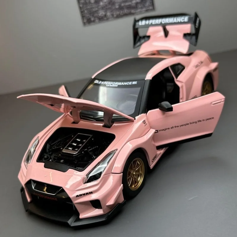 GTR R35 Pink White Black Collection Model Alloy Fully Open Simulation 1.32 Black Tire Car Model Ornament Christmas Birthday Gift