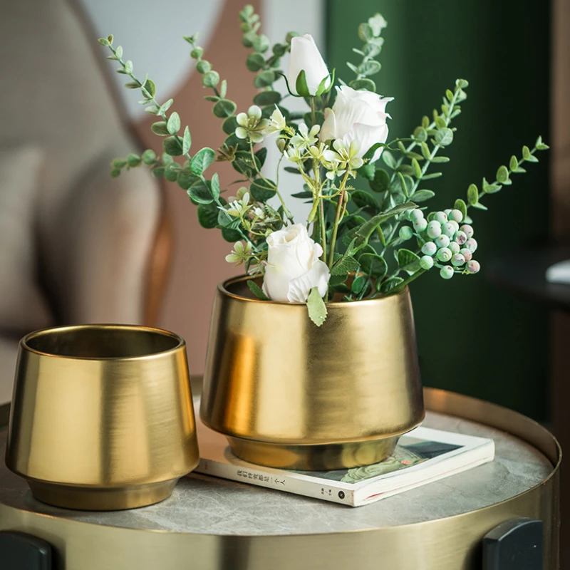 Modern Gold Ceramic Planter Drainage-Free Bonsai Pot Indoor Table Decor Luxury Living Room Centerpiece with Geometric Design
