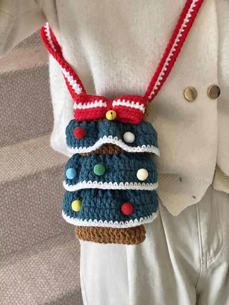 Lindo árbol de Navidad tejido bolso para teléfono móvil para mujer 2025 nueva moda chica bolsos de un solo hombro tipo bandolera bolsos versátiles