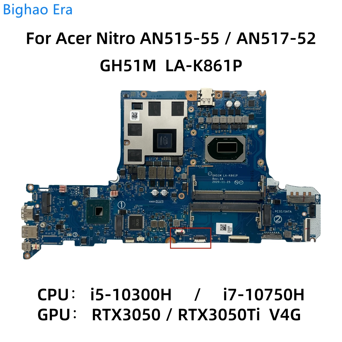 GH51M LA-K861P For Acer AN515-55 AN517-52 Laptop Motherboard With i5-10300H i7-10750H CPU RTX3050/RTX3050Ti 4GB-GPU NB.QDW11.001