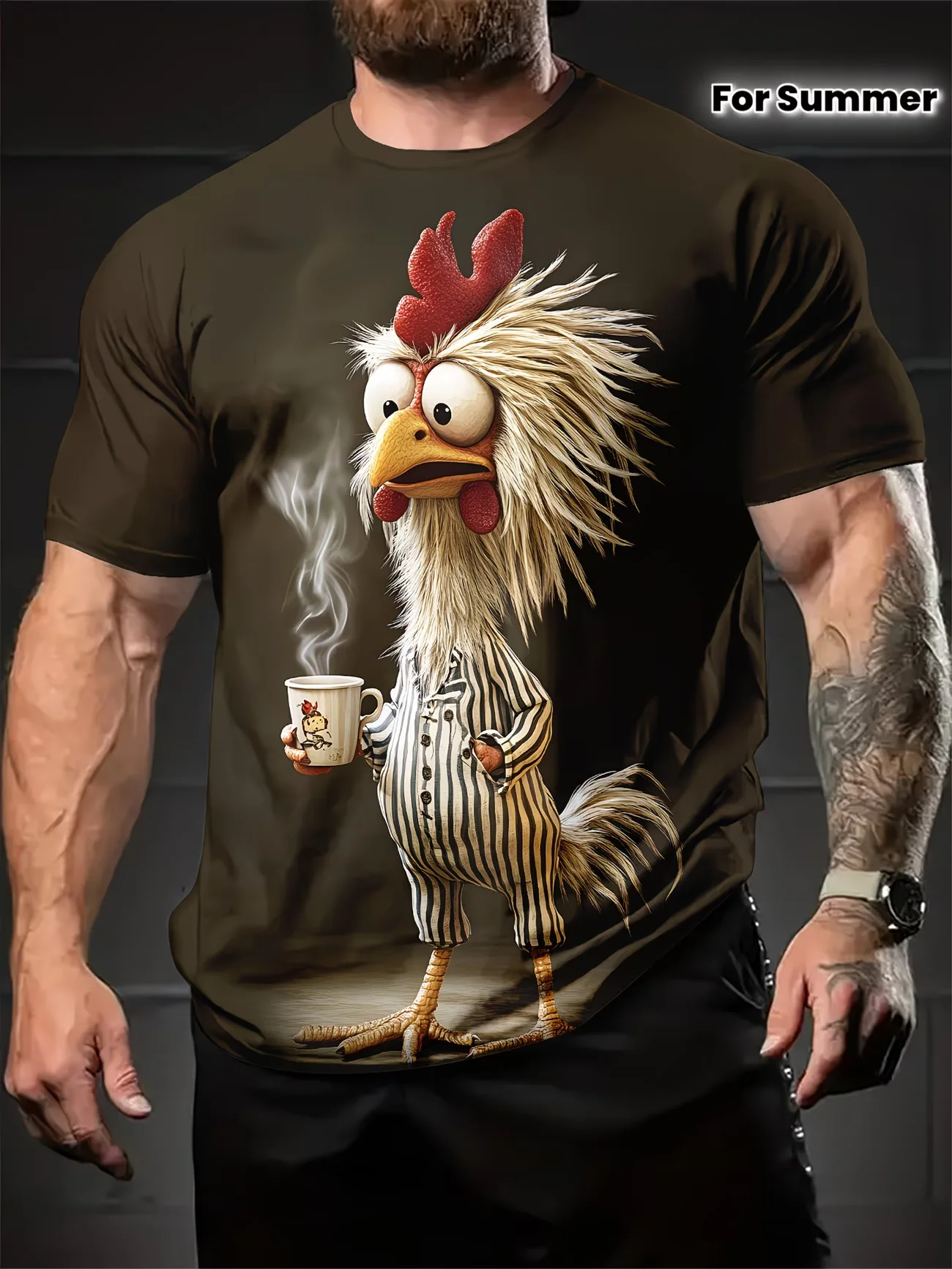Funny Coffee Chicken T-shirt Men 3D Cartoon Rooster Print Short Sleeve Casual Summer Tops Men's Clothes