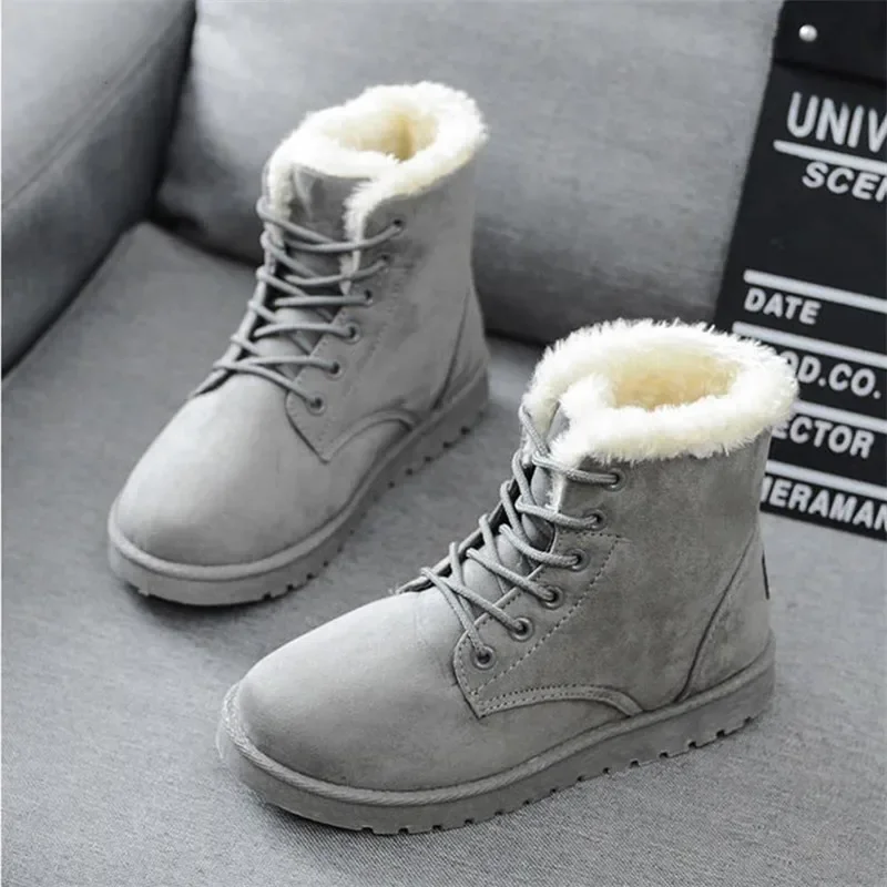 2024 Women Winter Snow Boots Warm Flat Plus Size Platform Lace Up Ladies Women\'s Shoes New Flock Fur Suede Ankle Boots 35-43