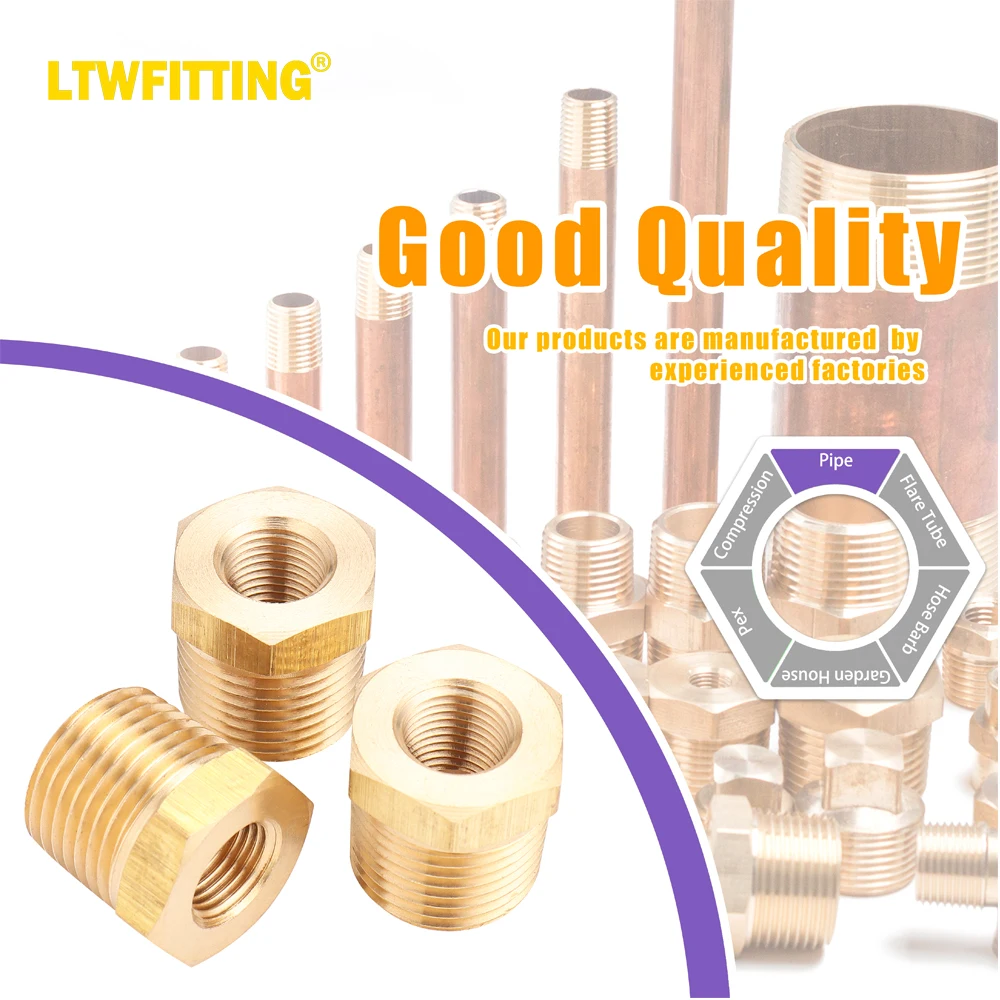 LTWFITTING Brass Pipe Hex Bushing Reducer Fittings 3/8 Inch Male x 1/8 Inch Female NPT Fuel(Pack of 200)