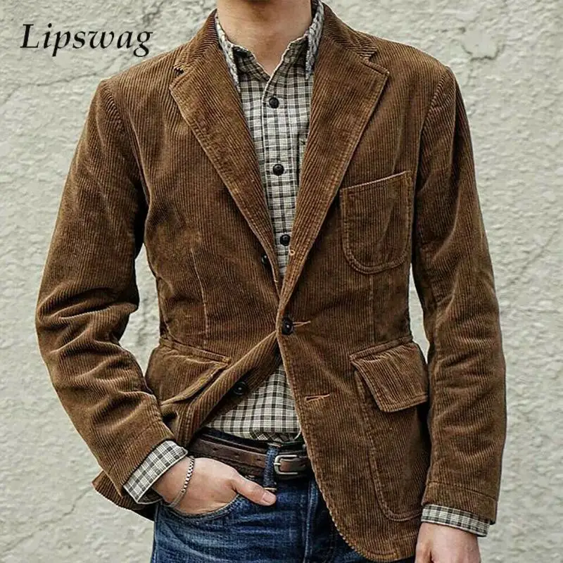 

Trendy Mens Slim Suit Jackets Corduroy Solid Color Buttoned Turn-down Colalr Corduroy Coat For Men Fall Winter Casual Outerwear