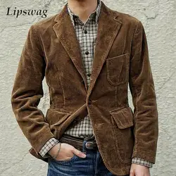 Trendy Mens Slim Suit Jackets Corduroy Solid Color Buttoned Turn-down Colalr Corduroy Coat For Men Fall Winter Casual Outerwear
