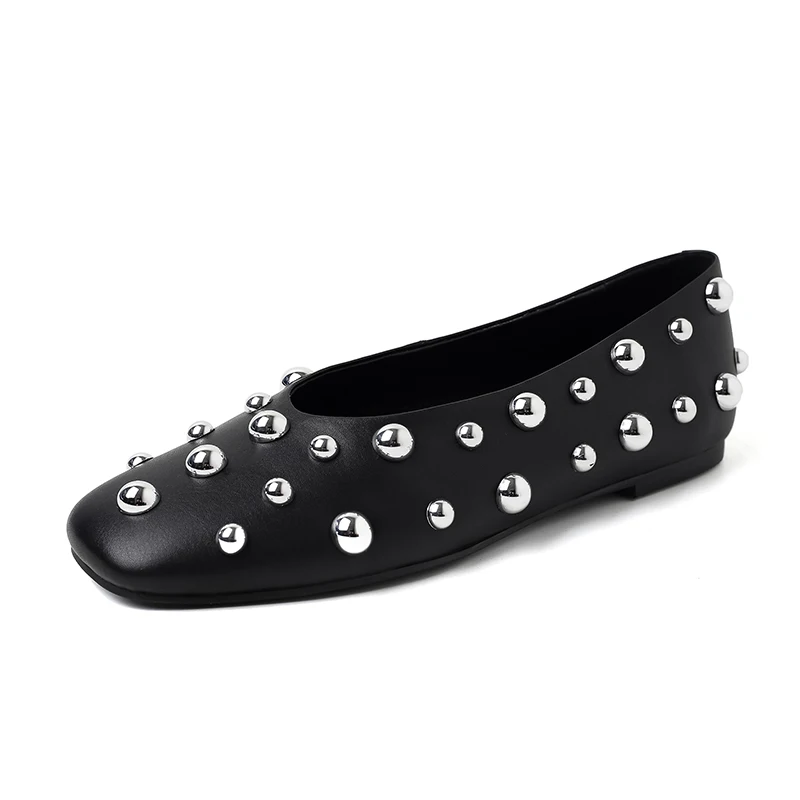 Women’s Genuine Leather Square Toe Studded Flats Soft Sole Ballet Style Mary Jane Shoes