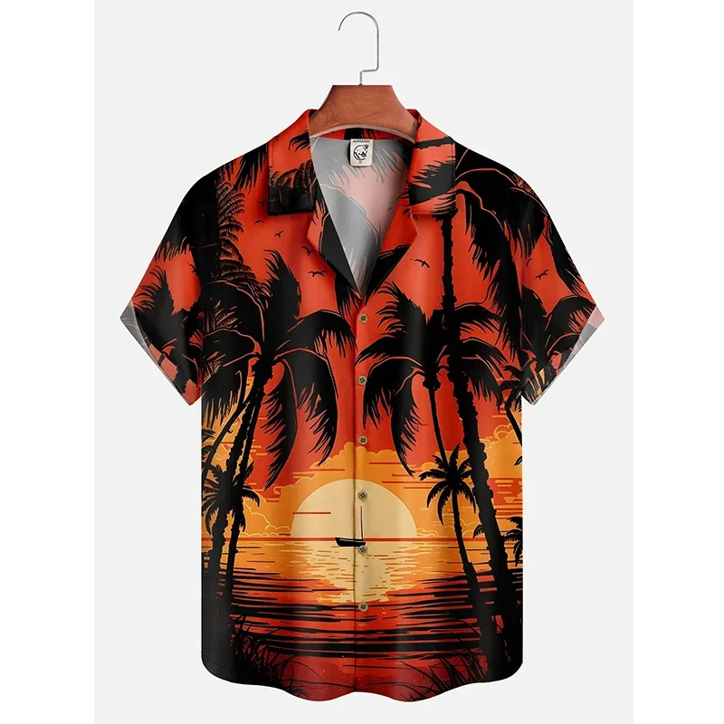 Men's Hawaii Summer Dusk Pattern Casual Shirt 3D Beach Funny Short Sleeve Womens Clothes Blouse New Hot Sale Floral Y2k Tops5XL