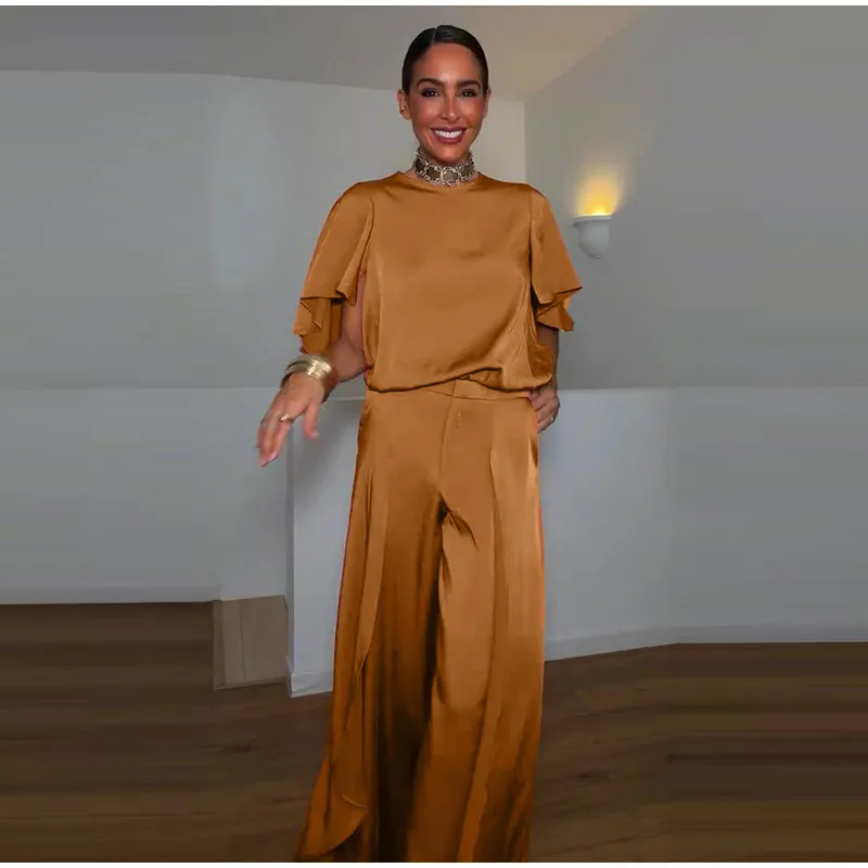 O-Ausschnitt Kurzarm Plissee-Oberteil Hosen-Sets Damen Streetwear Einfarbige Lose Blusen-Oberteile Unregelmäßige Weite Hosen Schicke Damen-Outfits – Detail 8