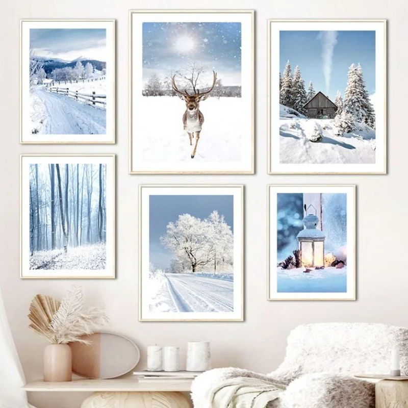 Blue Wall Art Oil Painting Winter Landscape Poster Snow Scenery Sunshine Forest Deer Lake House Picture Nordic Home Decoration