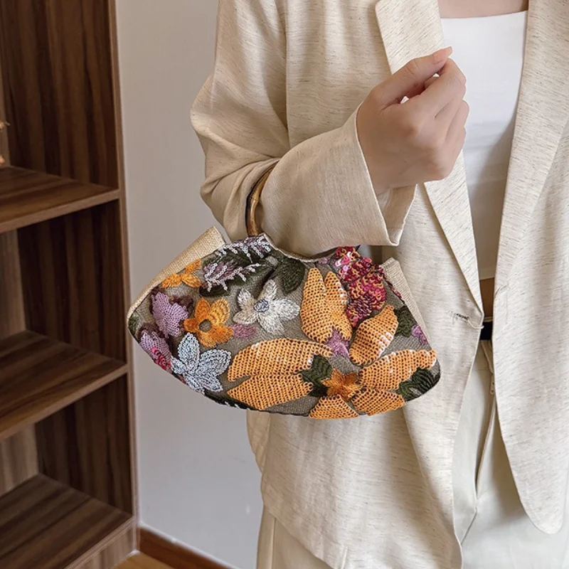 Floral Linen Bag Handbags for Women Bamboo Handle Sequin Design Elegant Wrist Bags Women's Banquet Clutch Lady Mini Wallet Purse