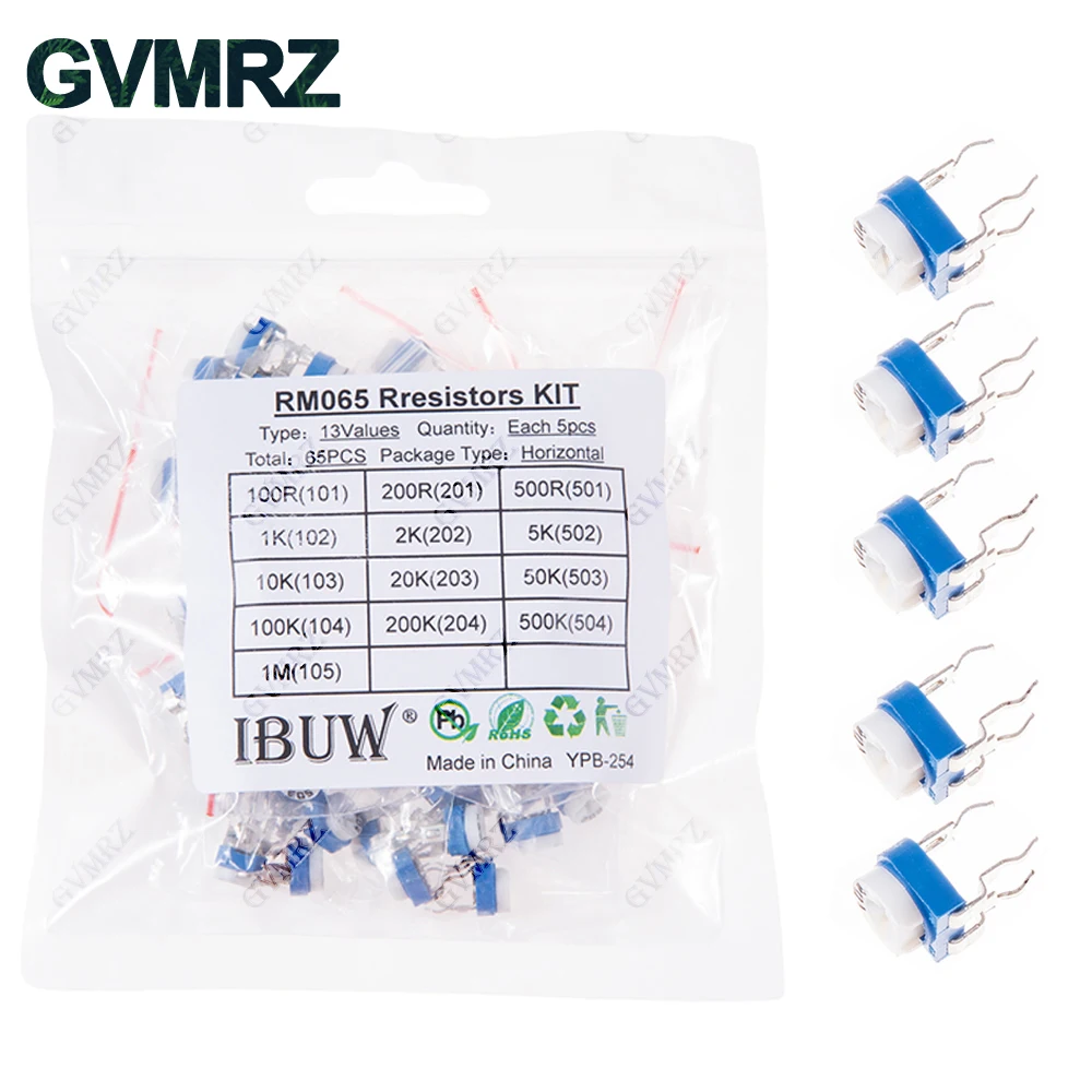 

65 шт. триммерный потенциометр RM063 с регулируемым сопротивлением 100R ~ 1 м потенциометры 1K 5K 10K 20K 50K 100K 500K 1M переменные резисторы