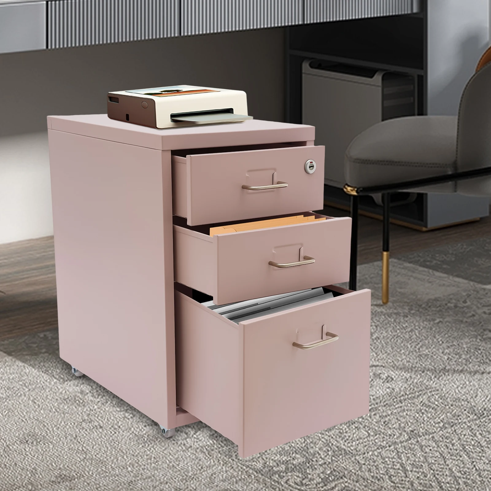 

3 -Tiers Vertical File Cabinet Metal Mobile File Cabinet with Lock Filing Cold-rolled Steel Cabinet Under Desk