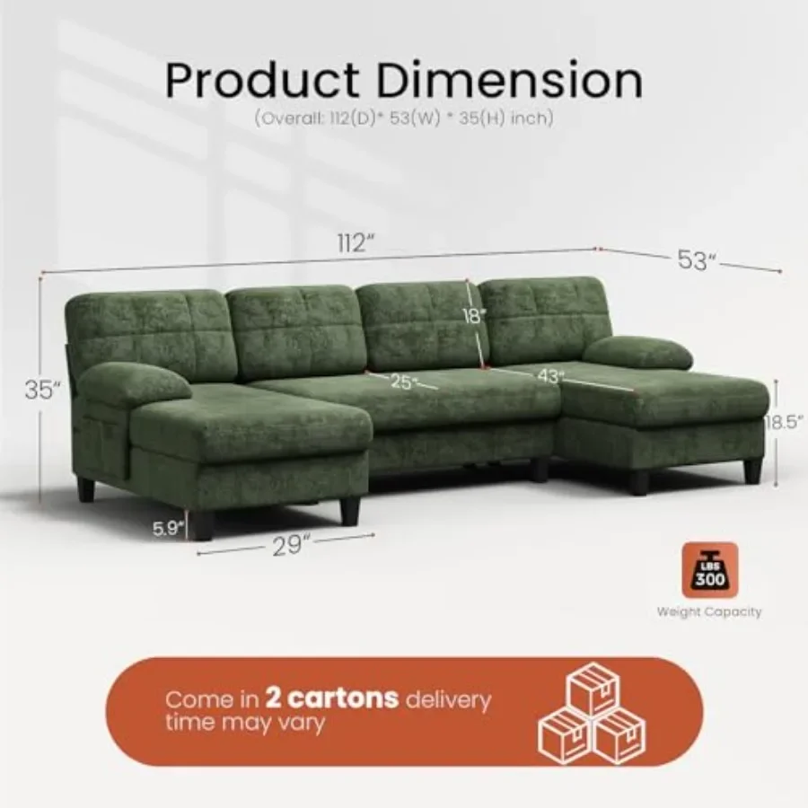 U-Shaped Sectional Couch for Living Room: 112 Sectional Sofa with Chaise, Faux Leather, Gray, Modular Design Reversible Chaise