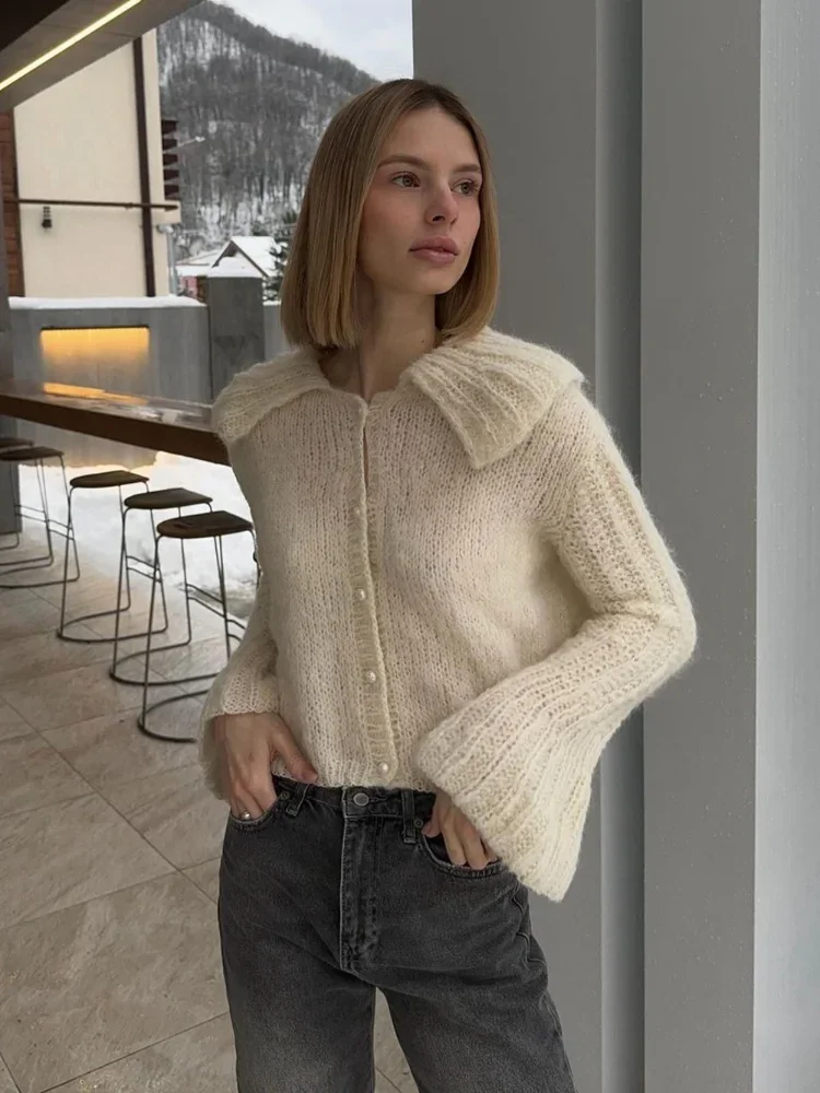 2024fashion Lapel Flare Long Sleeves Sweater Sweet Girl Solid Single Breasted Knitted Cardigan Fall Winter Chic Lady Street Wear