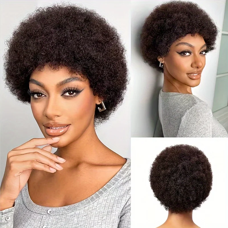 black/2 color pixie short afro curly 6inch machine made short 150% density human hair wig for women daily party use