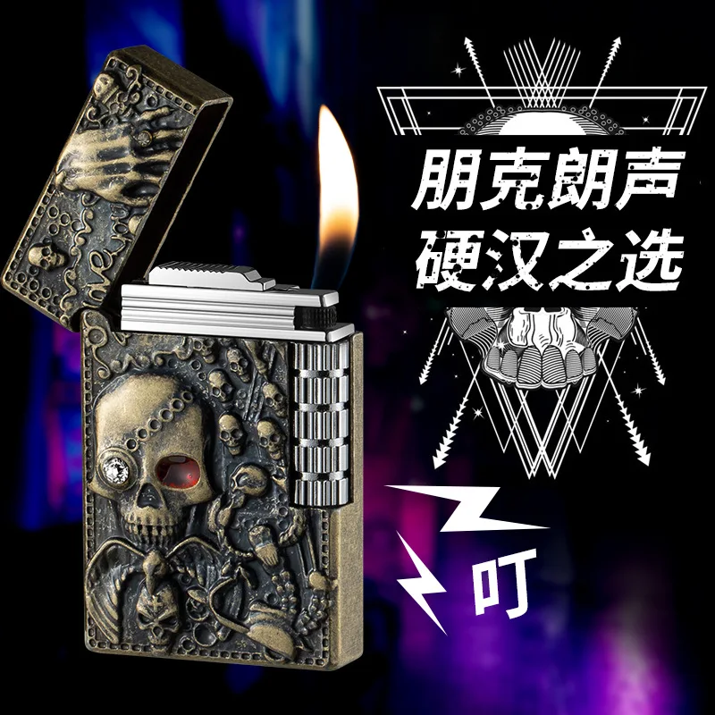 

Langsheng Steel Tone Sanding Wheel Side Sliding Skull Double-Sided Punk Open Flame Gas Metal Lighter Men's Gift