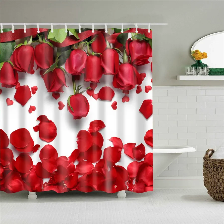 Red Wine Rose Flower Printed Bathroom Curtains Valentine\'s Day Decor Fabric Shower Curtain Love Romance Bath Curtain With Hooks