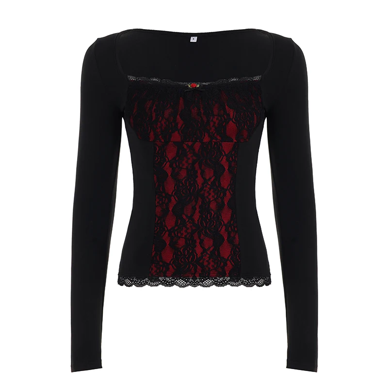 SUCHCUTE Gothic Lace Patchwork Square Neck Long Sleeved T-shirt Sexy For Women Basic Slim Top Y2k Streetwear Shirt Autumn Spring image 6