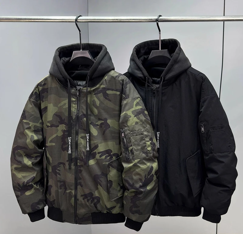 Autumn Winter Men's Retro False Two-Piece Camouflage Jacket - Plus Size Thickened Warm Casual Cotton Coat
