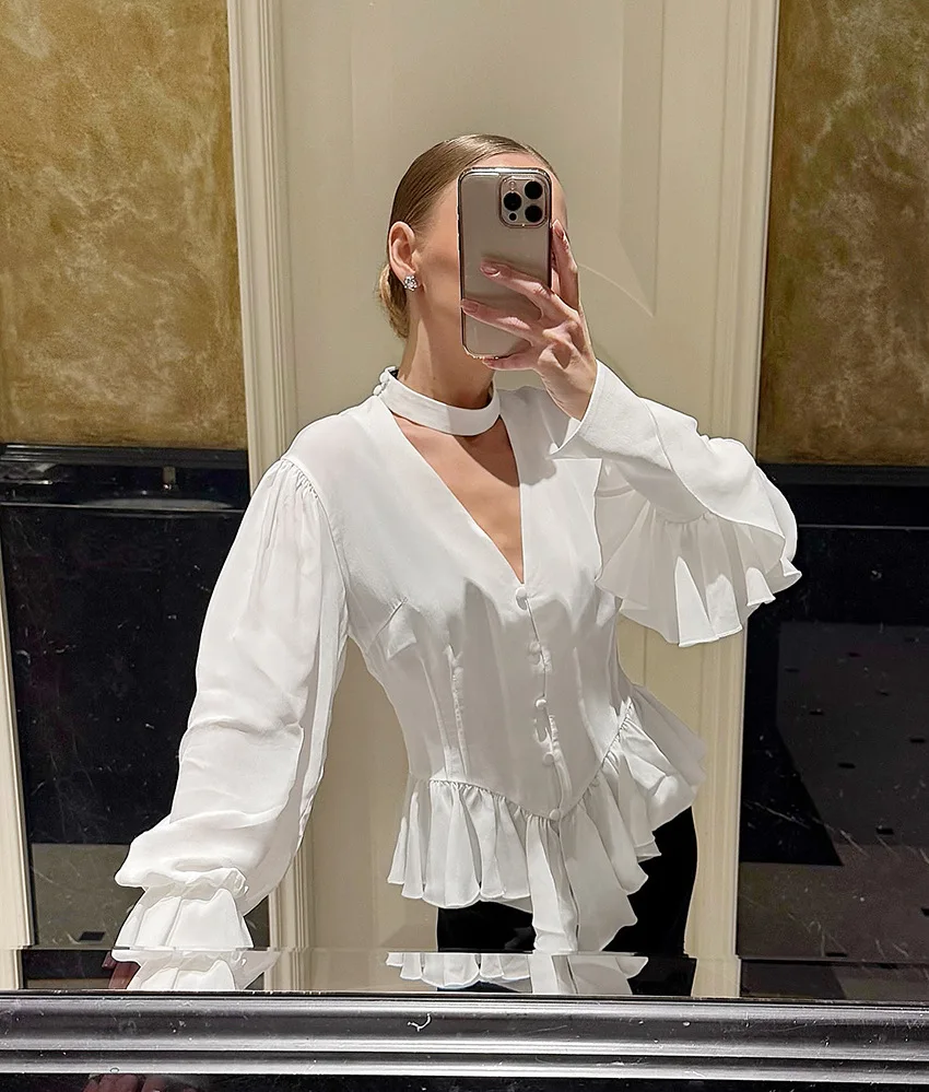 Chemise à manches longues pour femmes, coupe cintrée, nouveau Style Palace, bord de feuille de Lotus, manches lanternes, col en v, printemps et automne