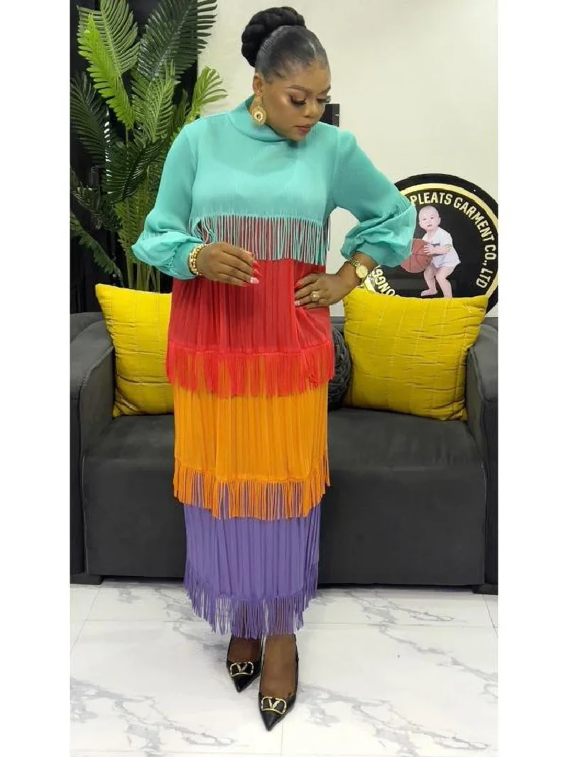 2025 Moda Lanterna Maniche Allentato Sottile Nappa Gonna Lunga Patchwok Color Block Abito Per Le Donne Pieghettato Manica a Soffio a Metà Polpa Dres