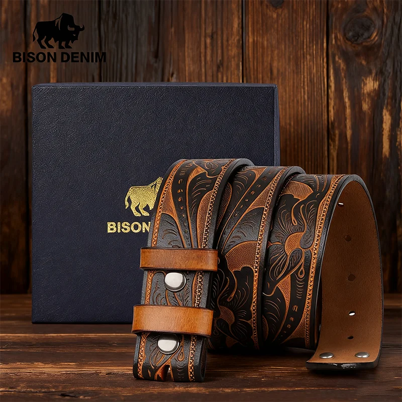 Męski zestaw prezentowy: pasek ze skóry bydlęcej drugiej warstwy bez klamry, kompatybilny z klamrami na szpilkę, czarno-brązowy z nadrukowanym wzorem, do jeansów.