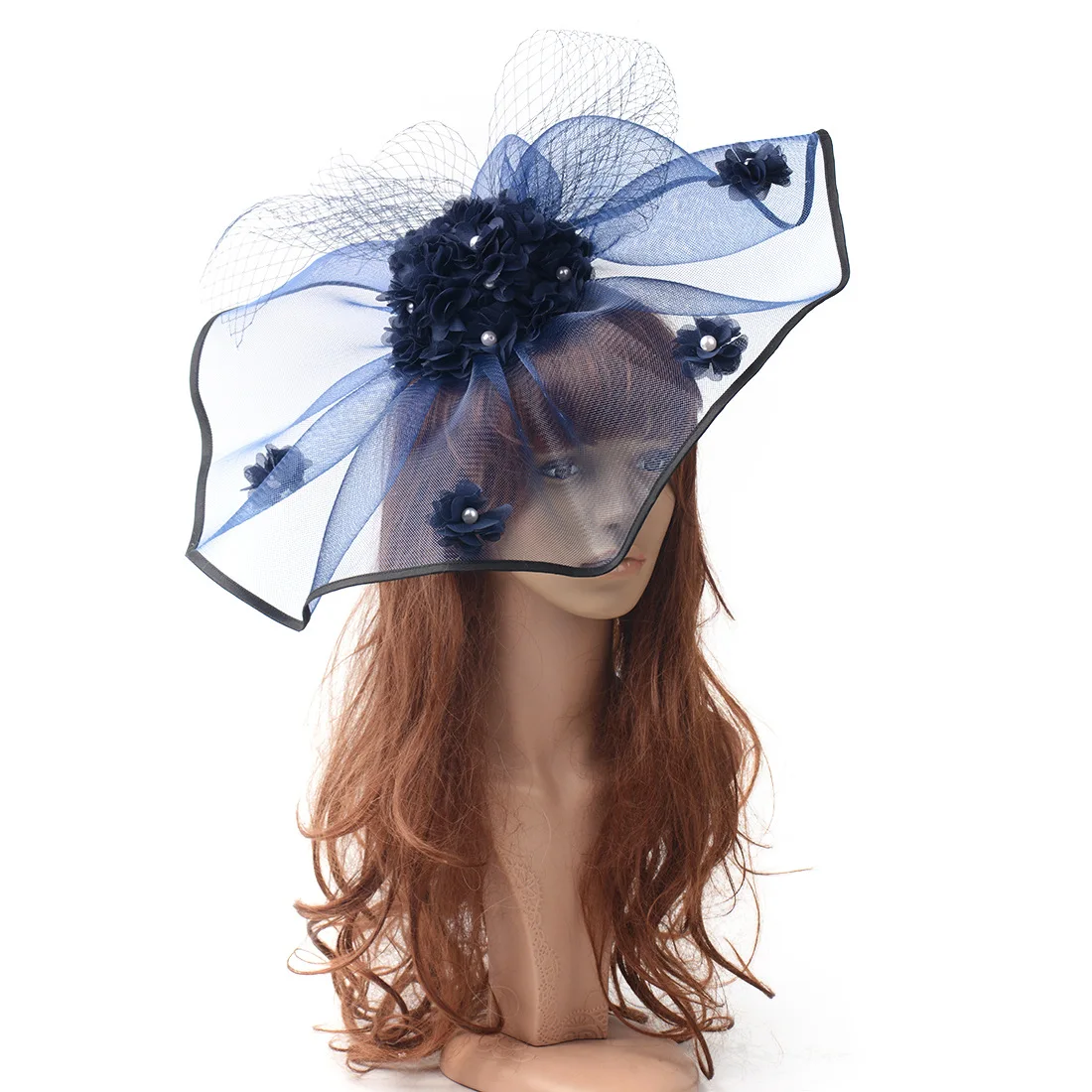 

2024 Original Design Navy Mesh Fascinator Hair Clips Women Large Flower Gauze Fascinators Fancy Show Performance Women Headwear