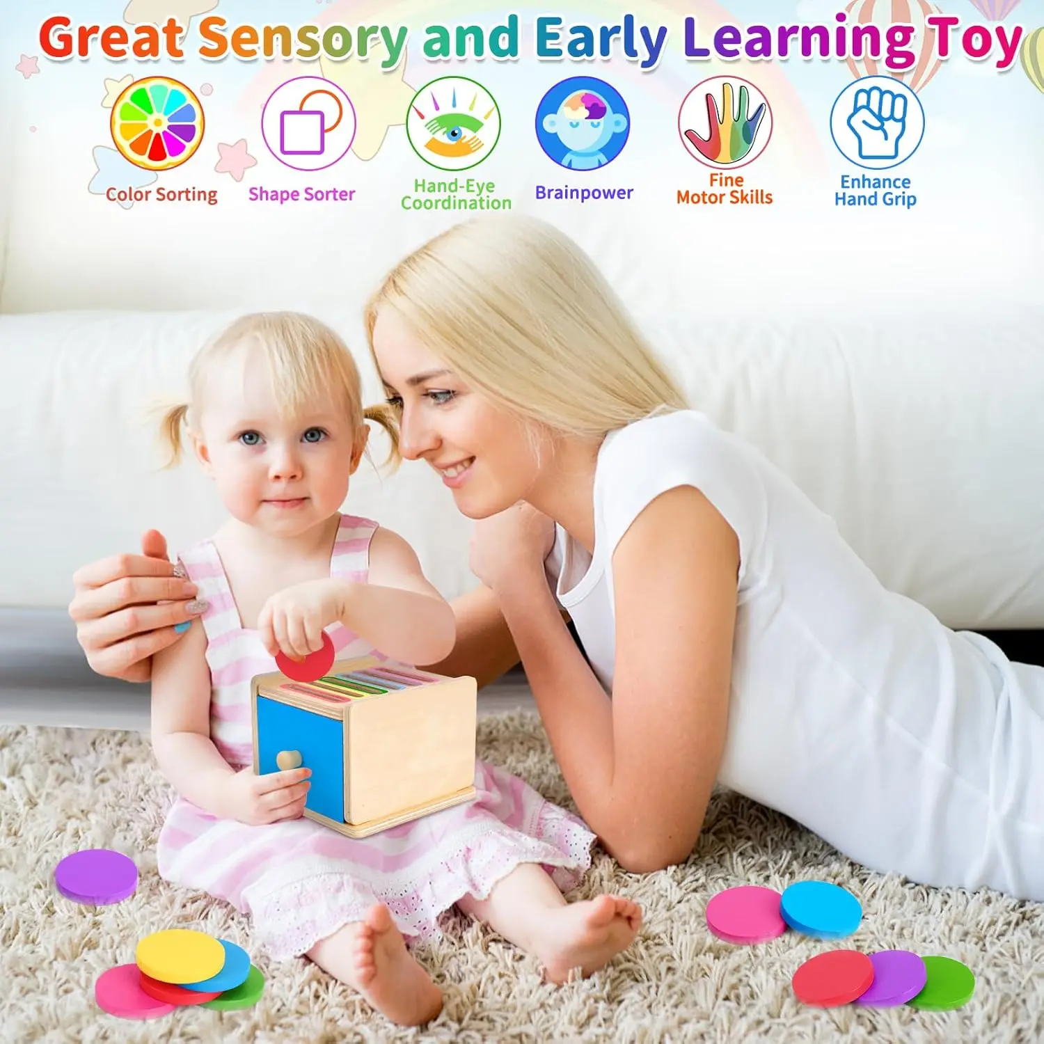 Caixa de moedas montessori para crianças, brinquedos para meninos e meninas de 1 2 3 anos, brinquedo de caixa de gaveta para idades de 2 a 4 anos, aprendendo sensor de classificação de cores