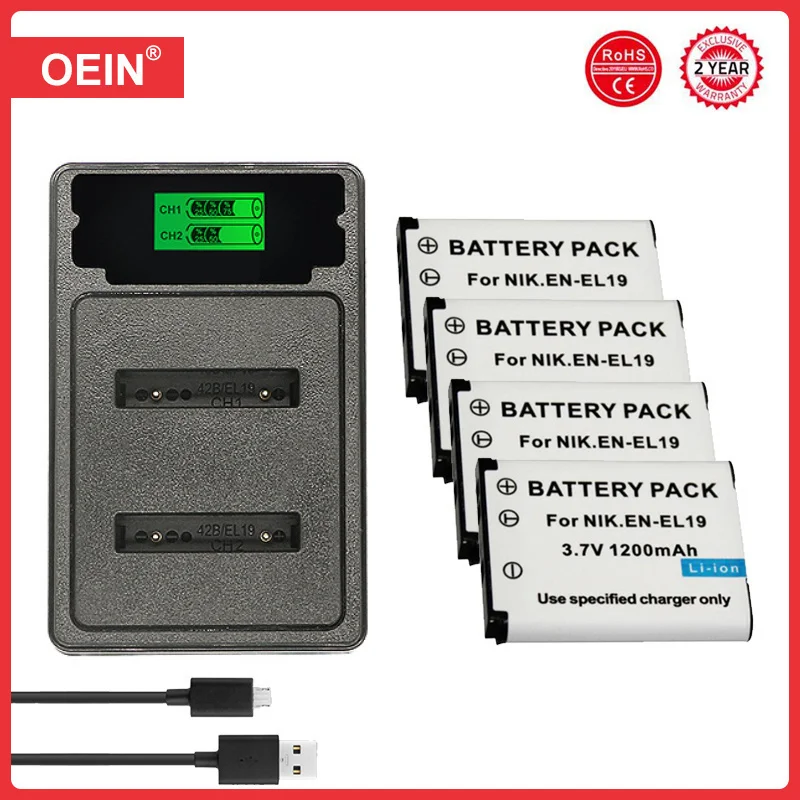 Batería de iones de litio EN-EL19 ENEL19 EL19 + cargador Dual LED para Nikon Coolpix S32 S33 S100 S2500 S2750 S3100 S3200 S3300 S3400 S3500