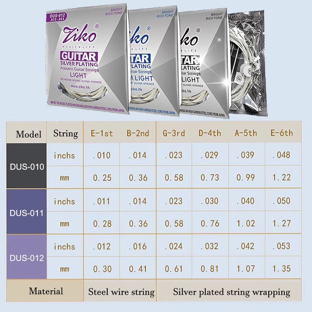 ZIKO DUS Silver-Plated Acoustic Guitar Strings - DUS-010/DUS-011/DUS-012, Hexagonal Steel Core, Anti-Rust Coating