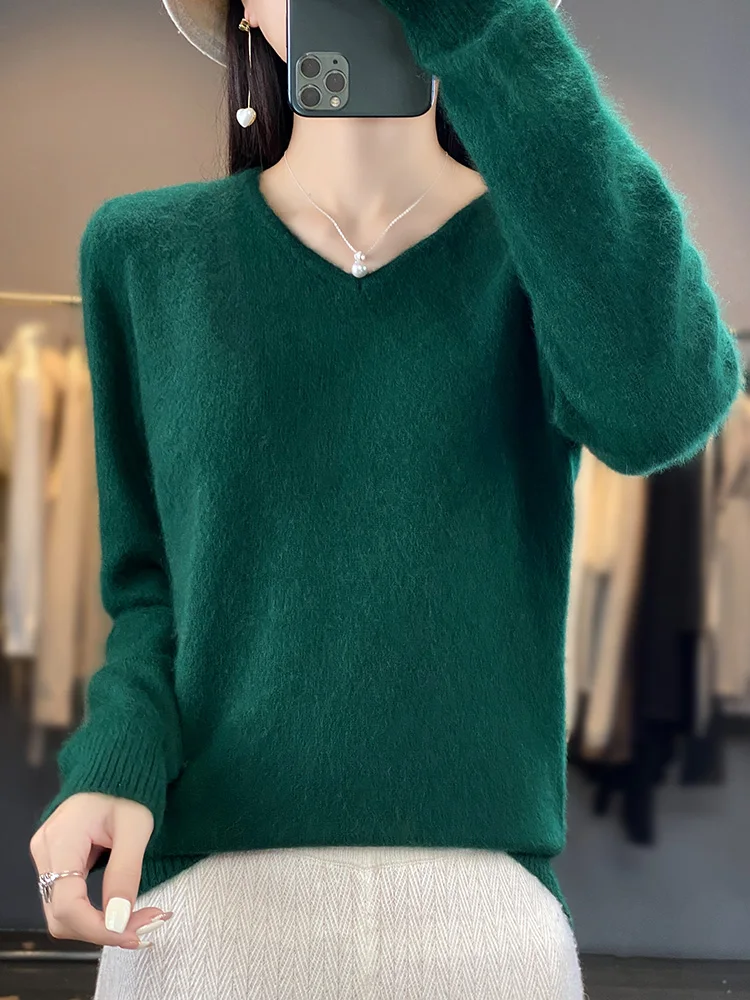 Women's 100% Mink Cashmere Sweater V-Neck Pullover Autumn Winter Long Sleeve Cashmere Knitwear Korean Popular Female Clothes