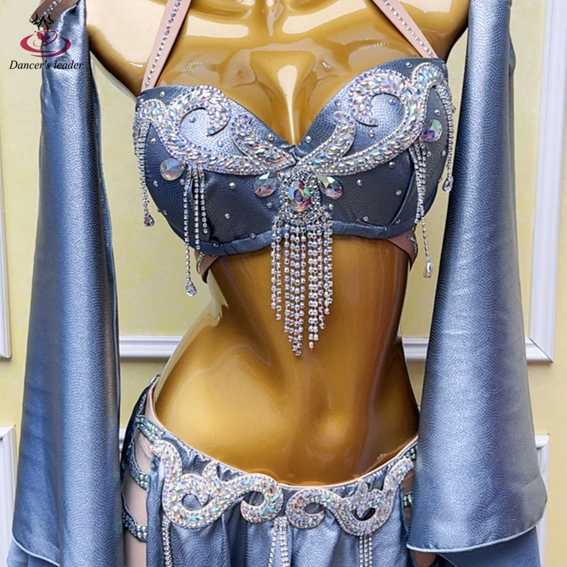 Costume de danse du ventre AB Stone pour femmes et enfants, jupe fendue haut de gamme Rose rouge, Performance Samba, robe Flash haute