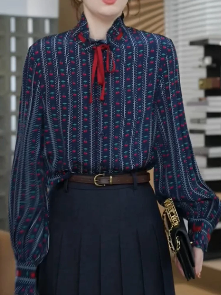 

Женская блузка больших размеров с длинным рукавом и вишнёвым принтом, приталенная, в французском стиле, повседневная, осенняя, нелиняющая