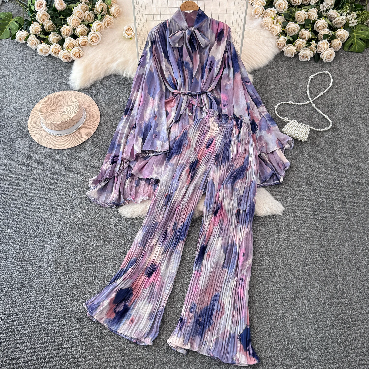 New Temperament Two-piece Set For Women Elegant European American Style Luxury Printed Top+Loose Casual Pleated Pants Outfit