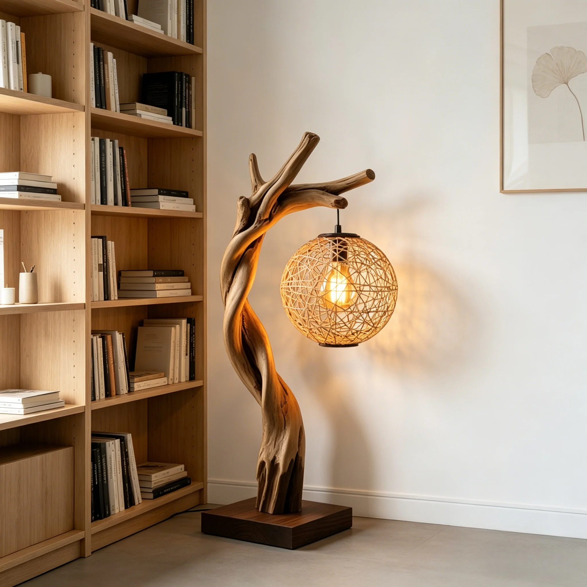 ！@Handcrafted Driftwood Art Floor Lamp with Rattan Shade Irregular Shape H160cm for Home Decor