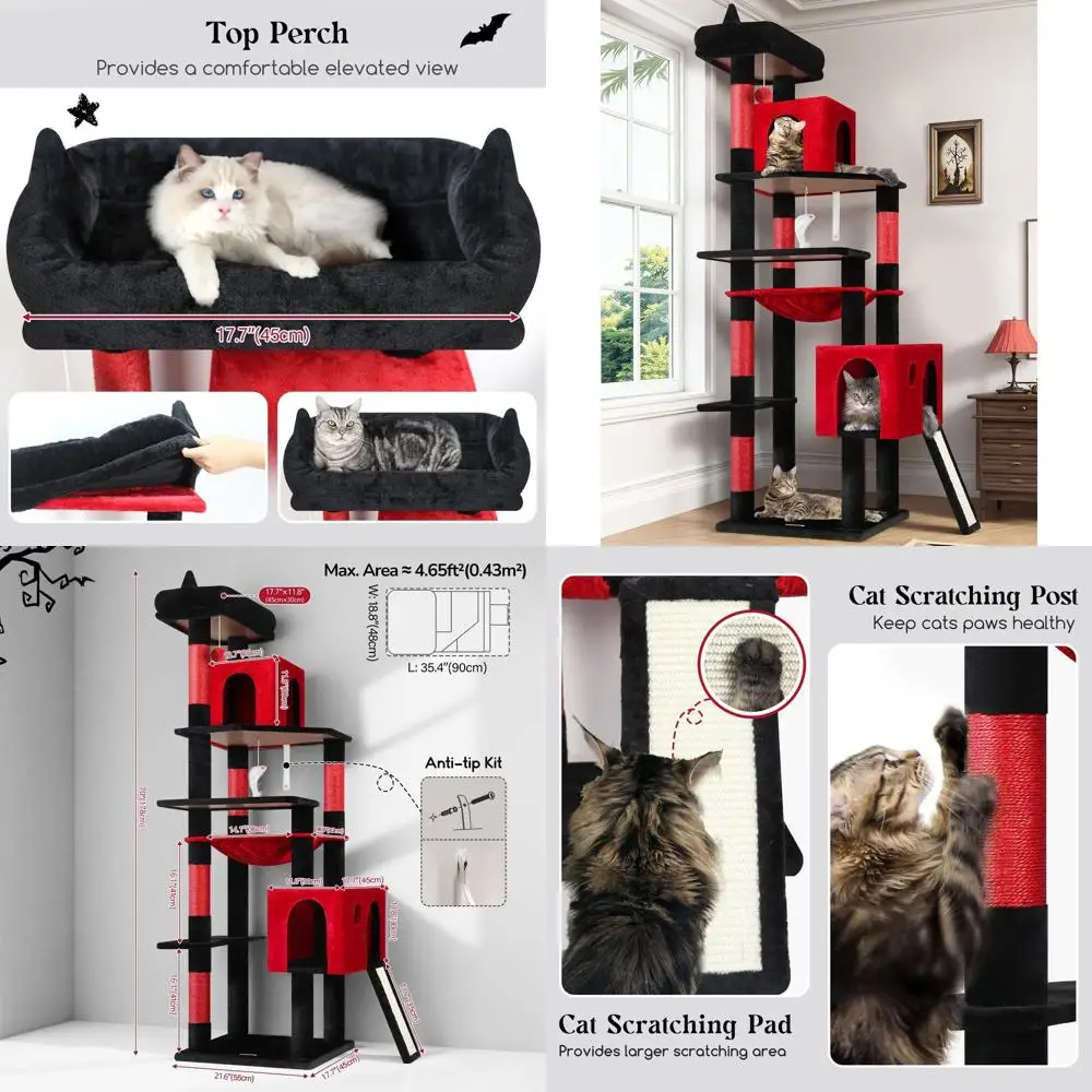 

Прочное красно-черное кошачье дерево в готическом стиле 70 с когтеточкой, презервативами, гамаком и окунем для больших кошек