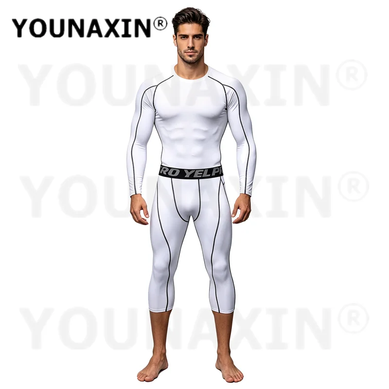 YOUNAXIN Men Gym Running White T-shirts Fitness Shorts Training Base Layer Cropped Pants Quick-drying Trousers Sportswear S-2XL