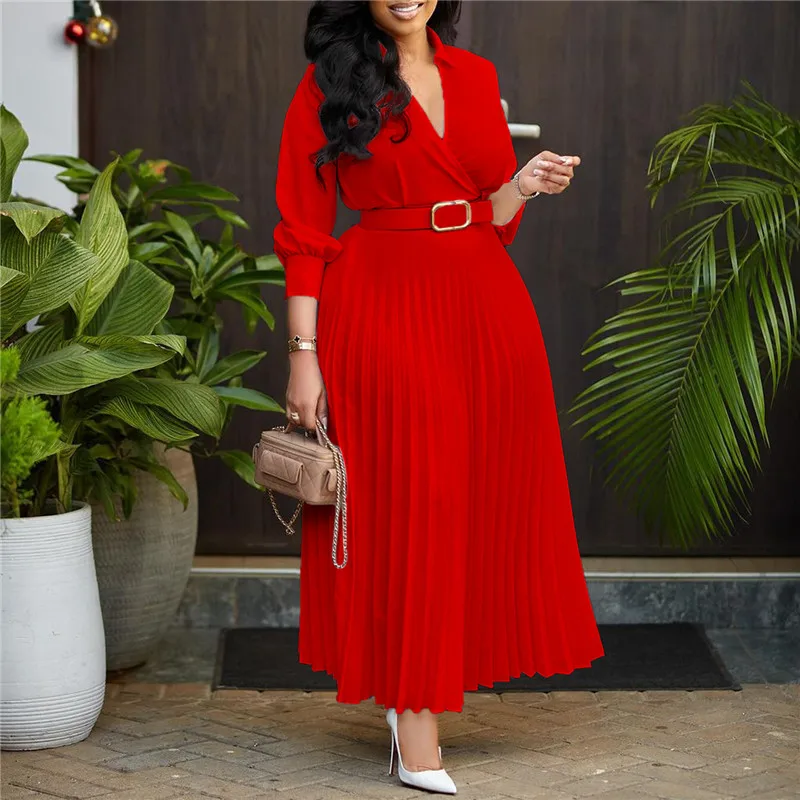 Solid Red White Navy Belted Long Shirt Dress New Fashion Half Sleeve Pleated A Line Dress Big Size 2XL Women Deep V Neck Dress