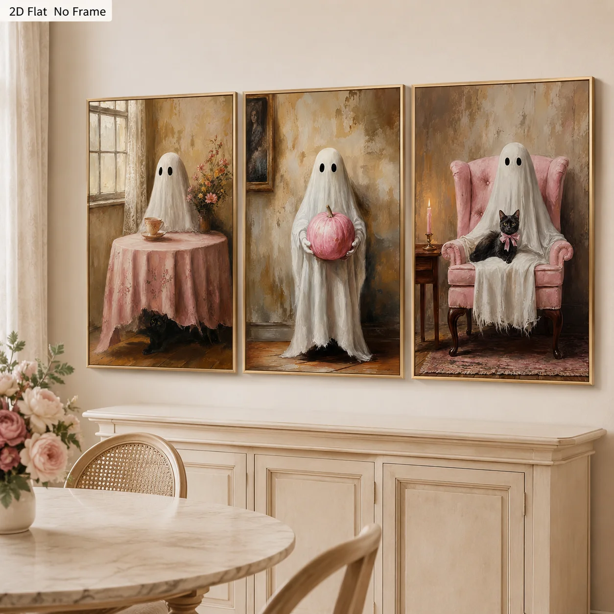 3PCS Halloween Vintage Cute Ghost Poster  Pink Ghost Wall Art  Autumn Pink Pumpkin Wall Decor  Canvas Painting for Room Decor