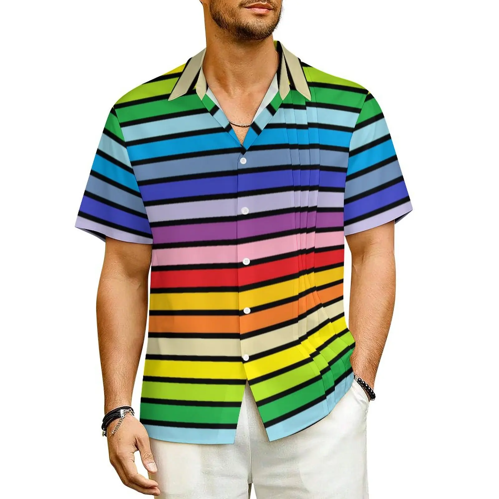 Rainbow Stripes Summer Shirt For Men Beach Black Lines Print Casual Shirts Short Sleeves Y2K Graphic Loose Oversized Blouses