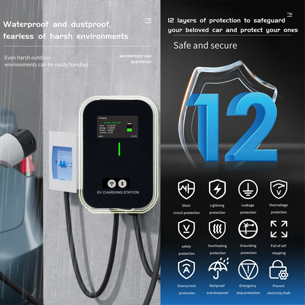 Pengisi Daya EV Kotak Dinding Tipe-2 7KW 11KW 22KW 1/3 Fase Stasiun Pengisian EV 16A 32A 5M Aplikasi Pengisi Daya EV Kontrol Bluetooth