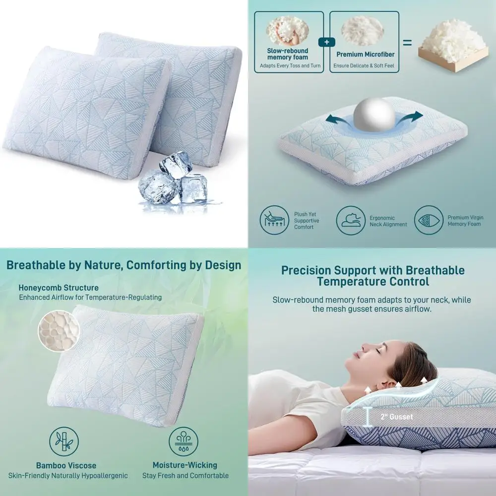 

"Queen Size Bamboo Viscose Cooling Memory Foam Pillows Set of 2 - Adjustable, Hypoallergenic, Hotel-Quality"