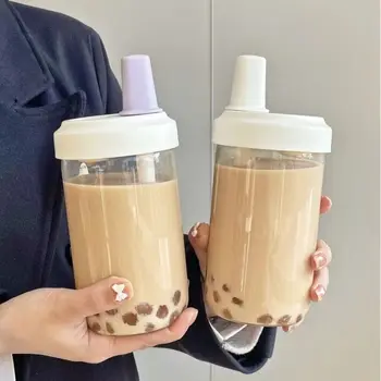 뚜껑이 달린 물병 주스 우유 플라스틱 컵, 거품 차 커피 컵, 대용량 음료 용기 투명 빨대, 500 ml, 850ml